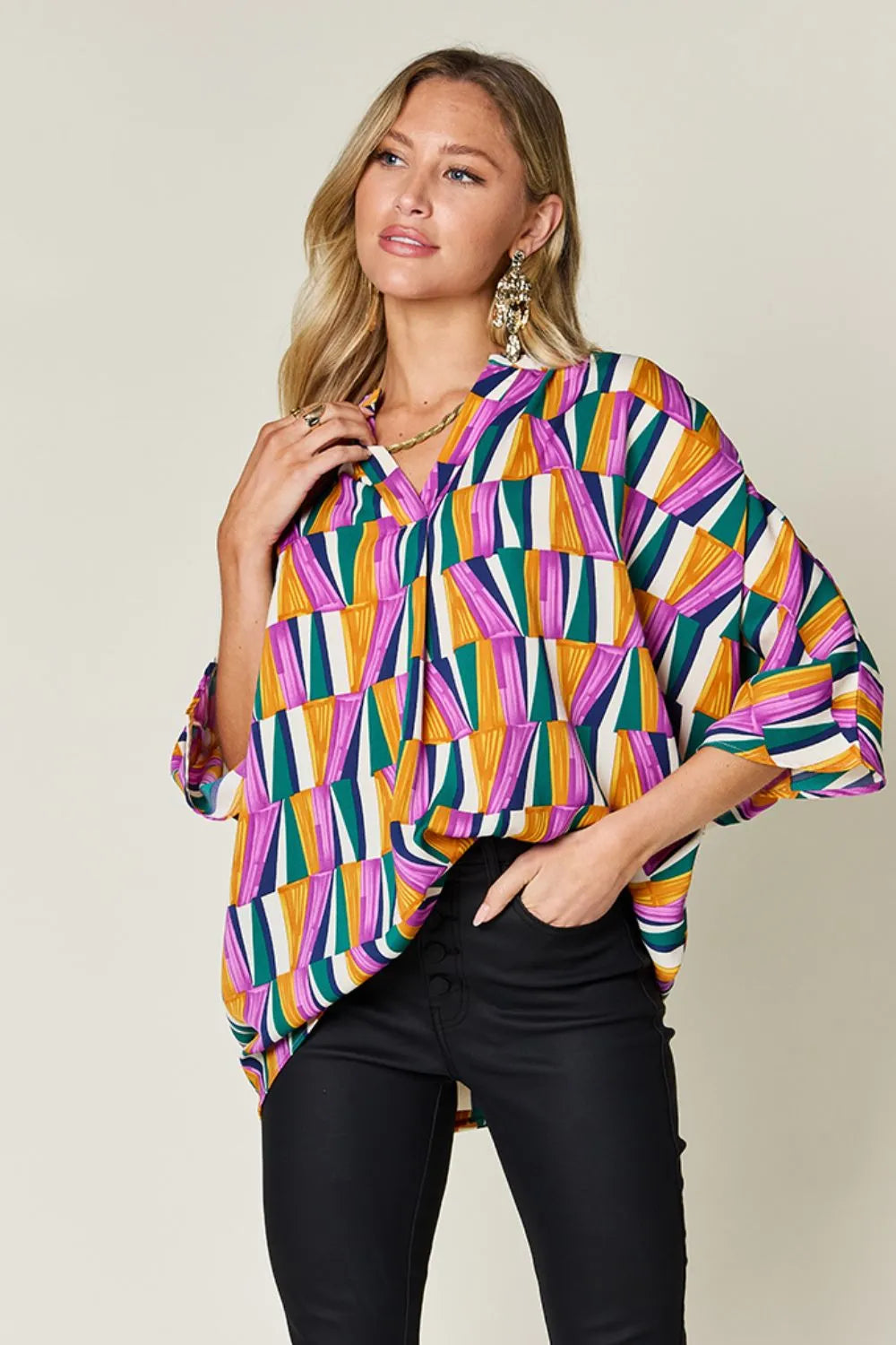 Double Take Full Size Geometric Notched Dolman Sleeve Top - Lilixa.store