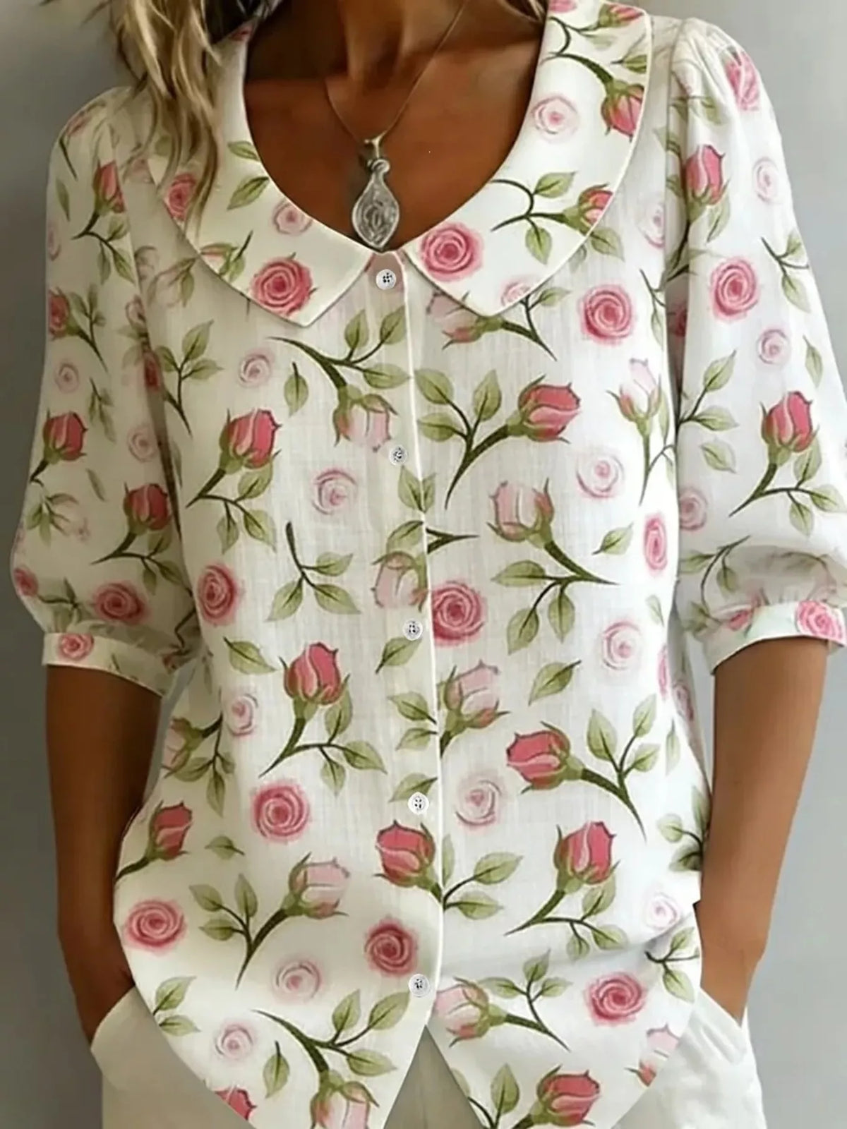 Daisy Print Peter Pan Collar Button-Down Shirt - Lilixa.store