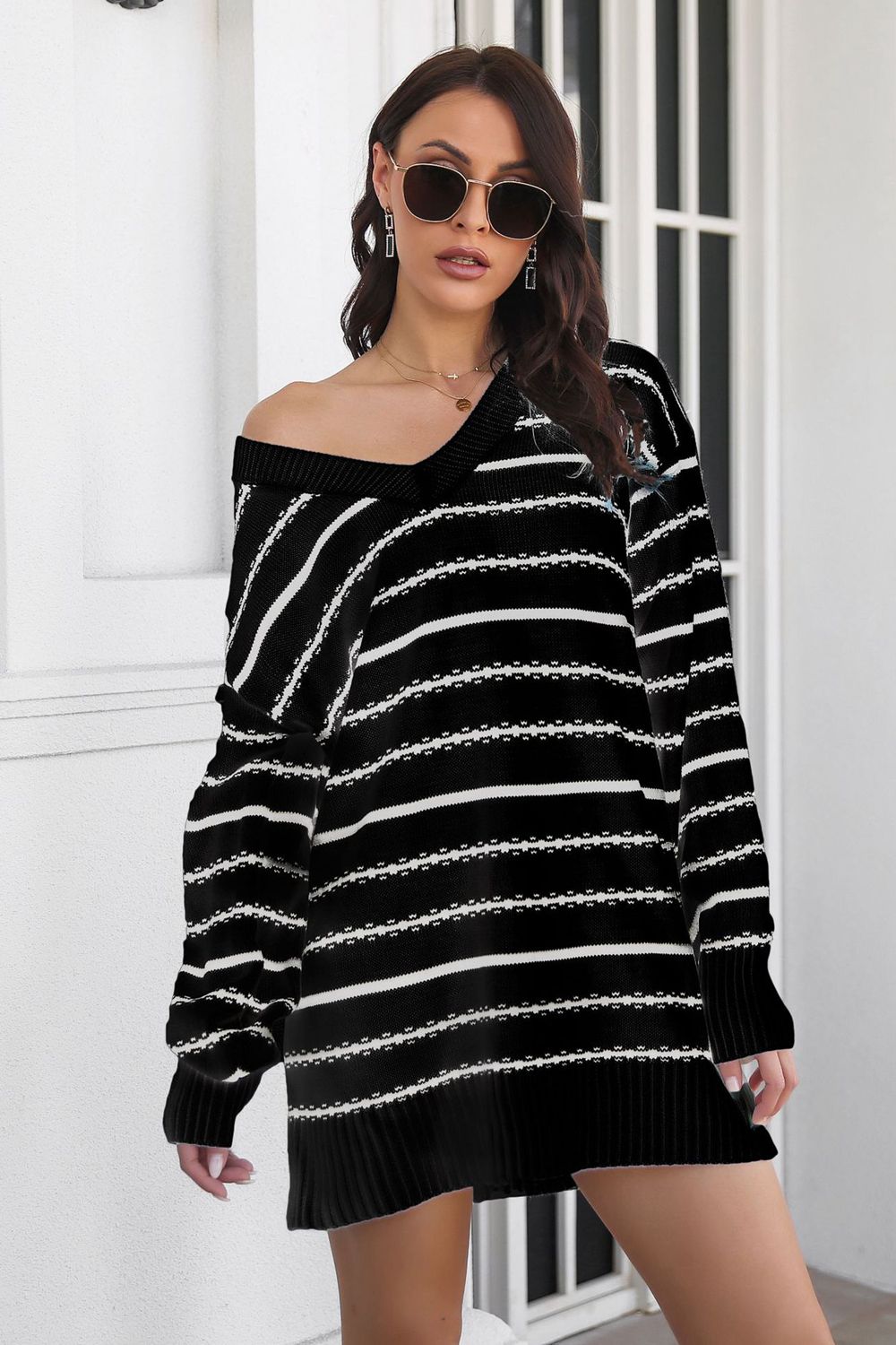 Striped V-Neck Sweater Dress in Black