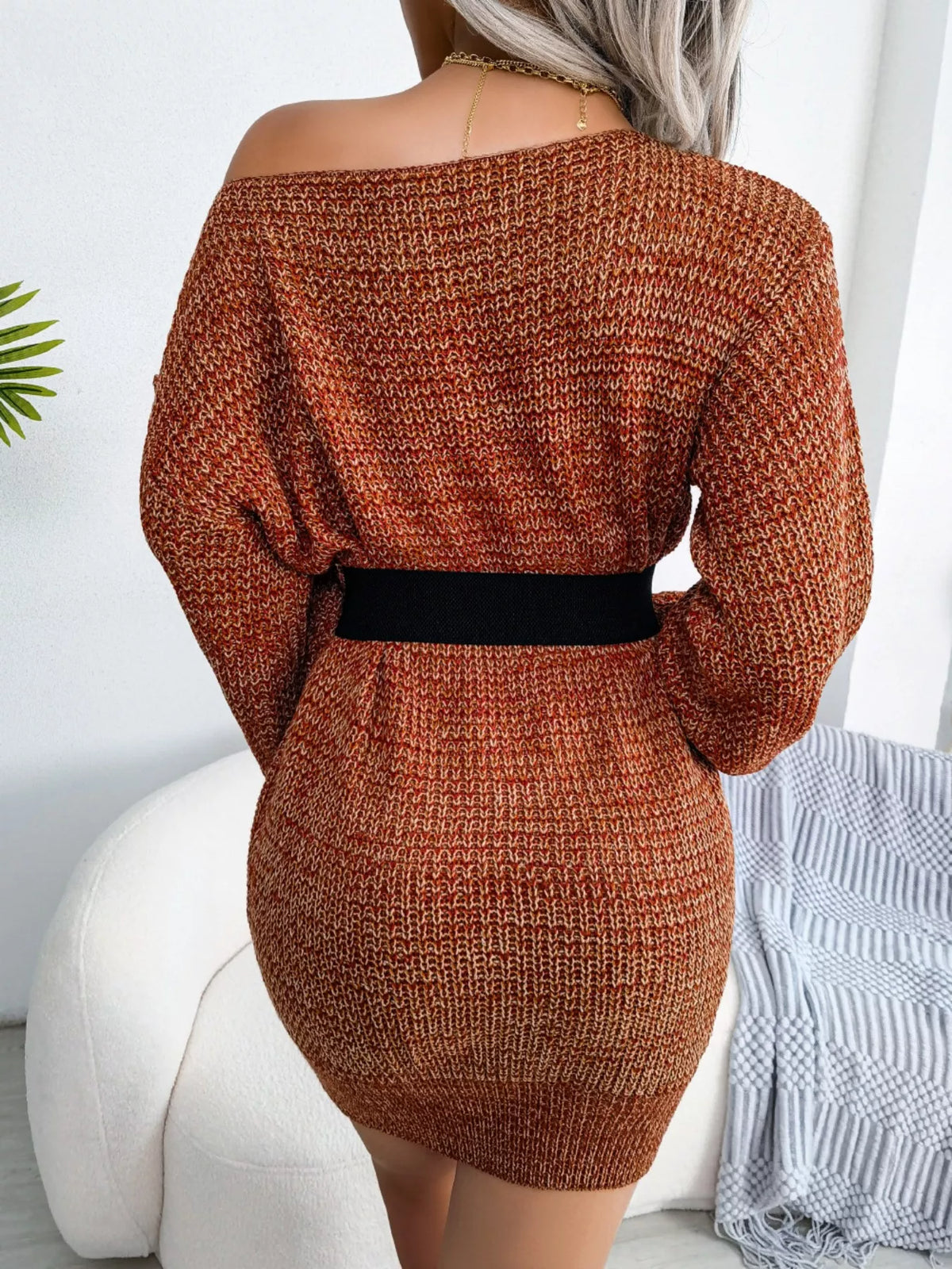 Multi-Color One-Shoulder Sweater Dress, view 8
