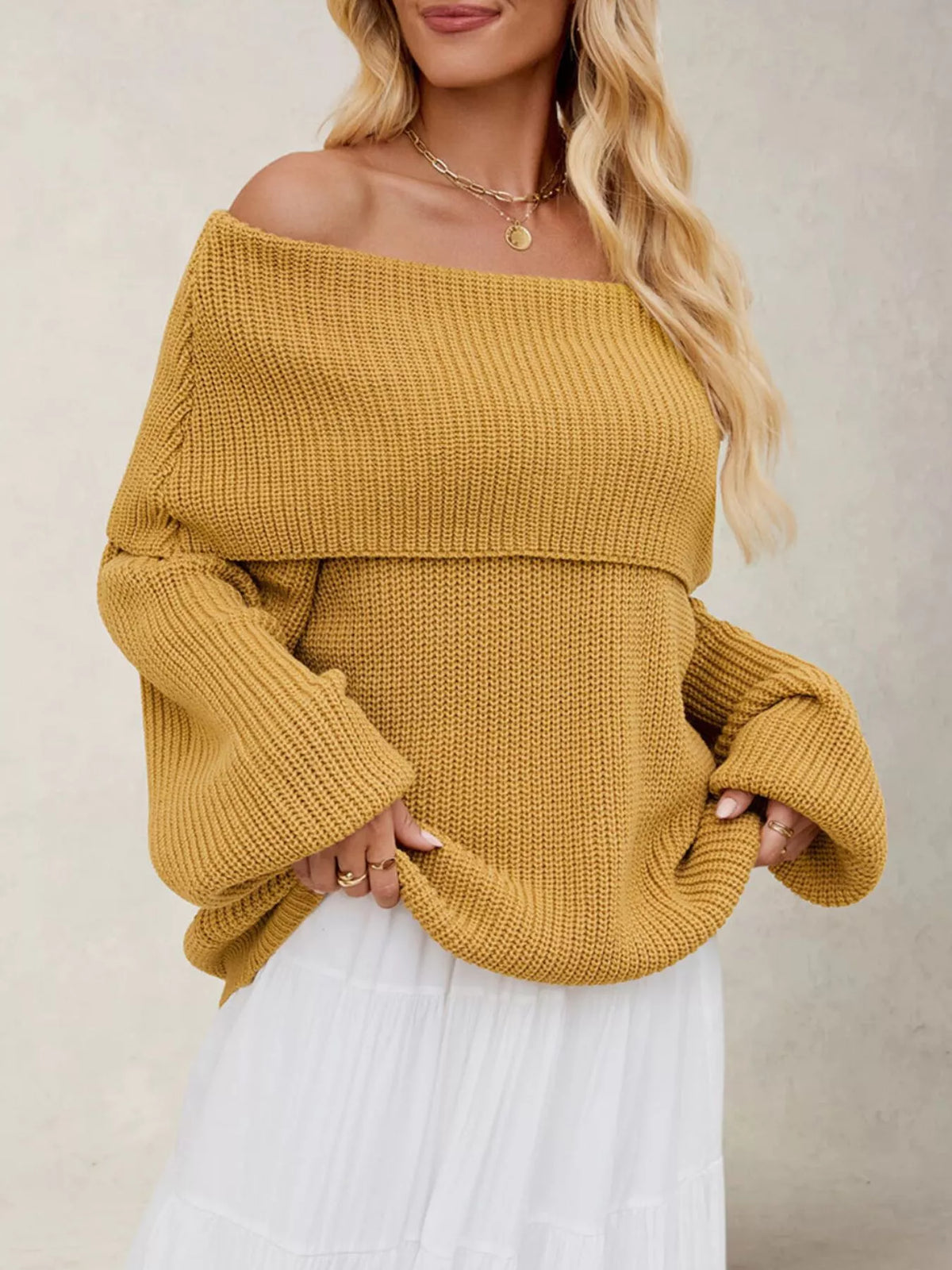 Off-Shoulder Long Sleeve Sweater - Lilixa.store