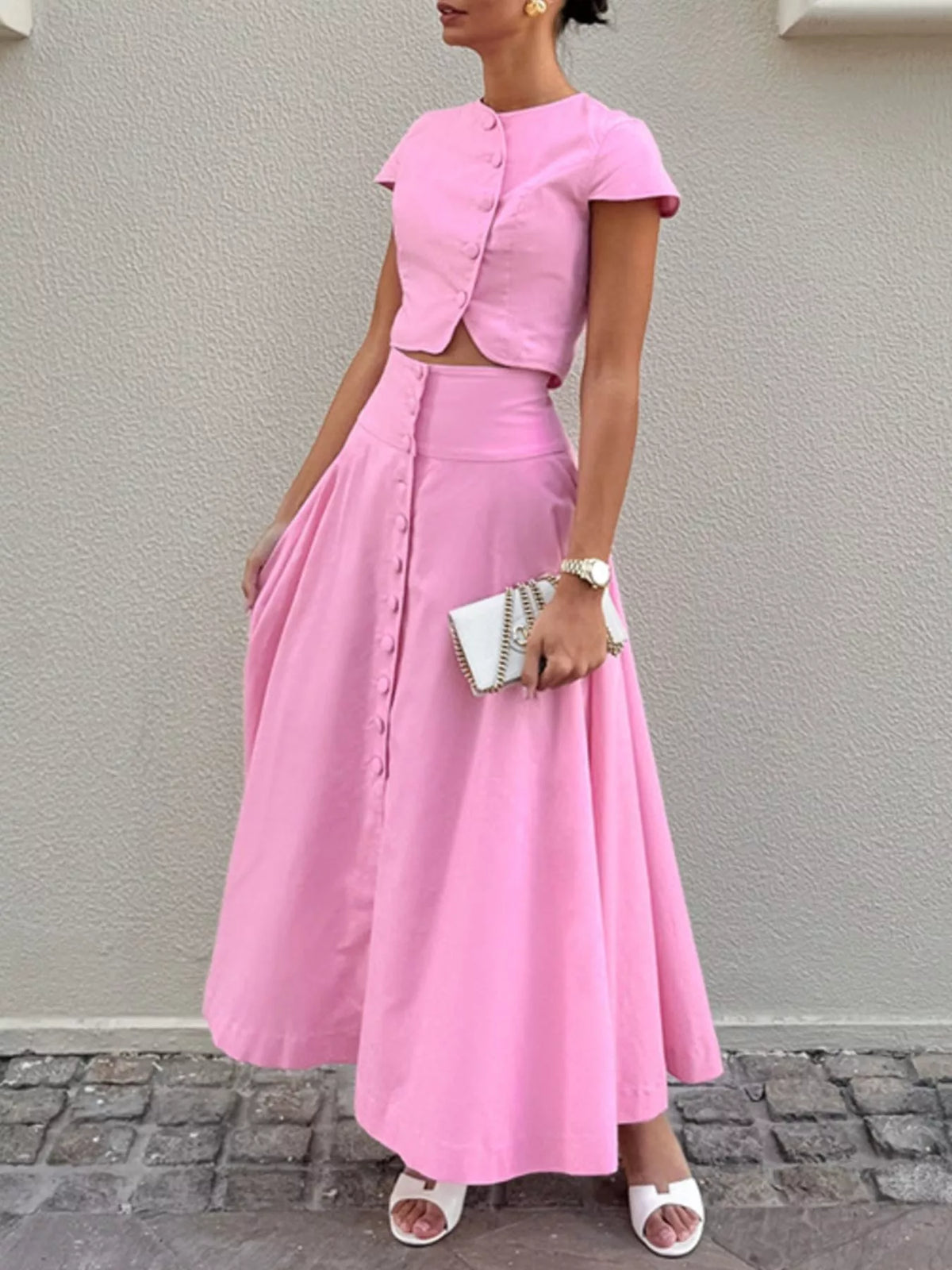 Cap Sleeve Button-Down Crop Top and Midi Skirt Set, view 6