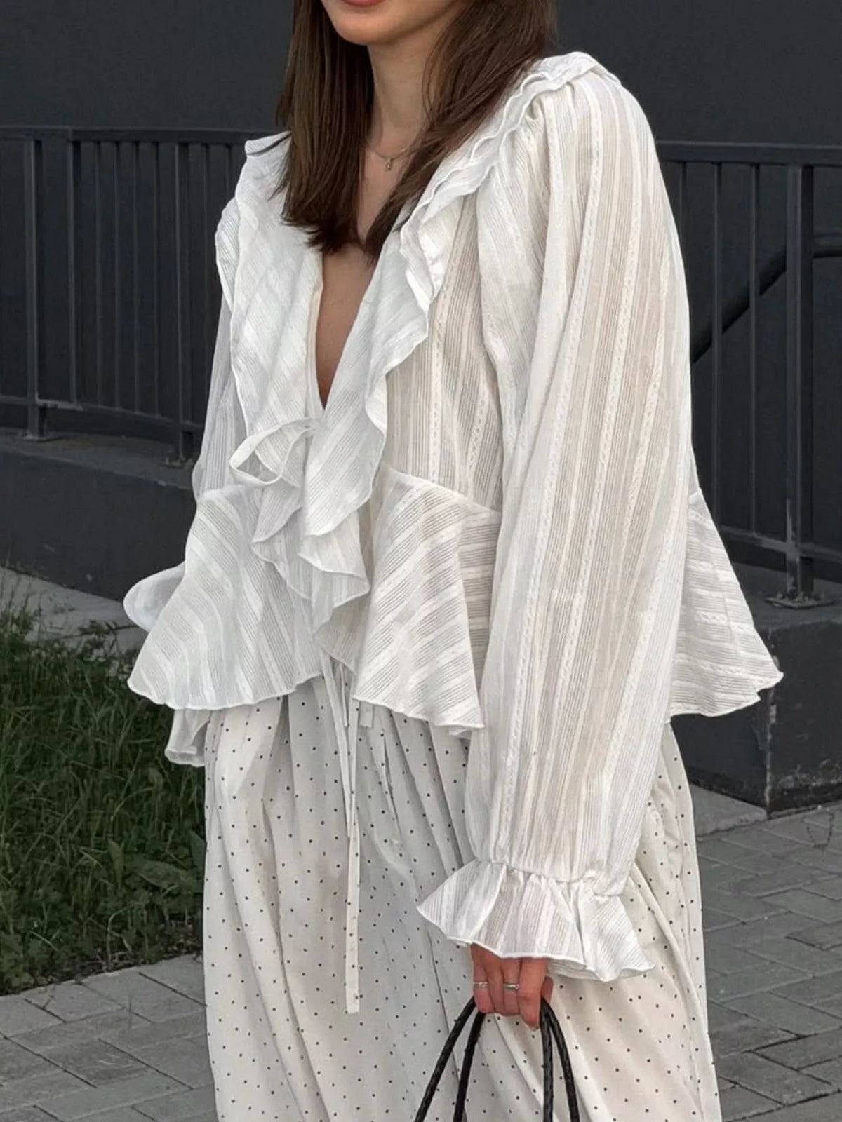 Ruffled Striped Flounce Sleeve Blouse in White, view 2
