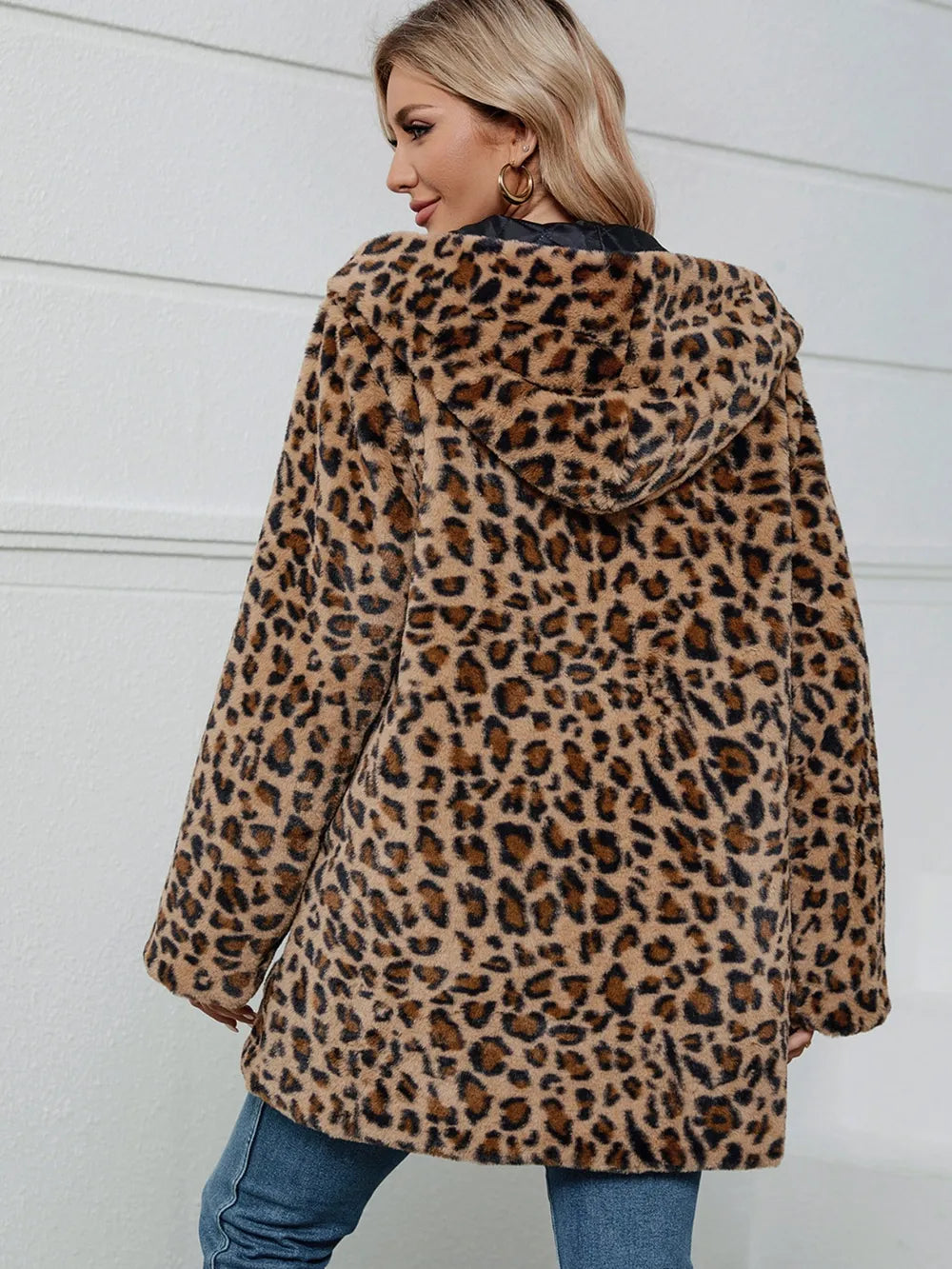 Fuzzy Leopard Hooded Long Sleeve Jacket, view 2