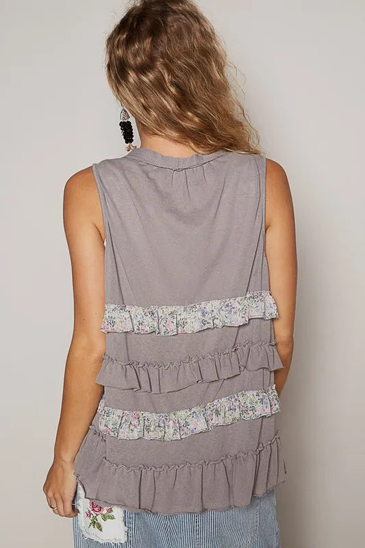 POL Ruffled Open Front Sleeveless Cardigan in Stone Grey Multicolor, view 3