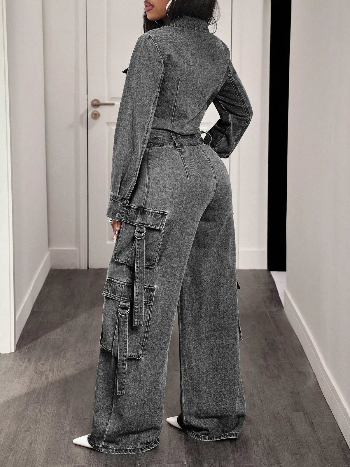 Zip Front Wide Leg Denim Jumpsuit