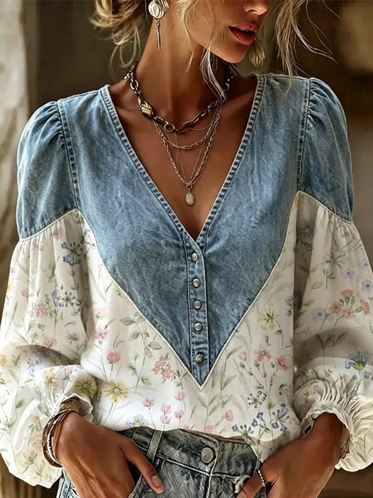 Full Size Denim Patchwork Floral Denim Top Plus Size