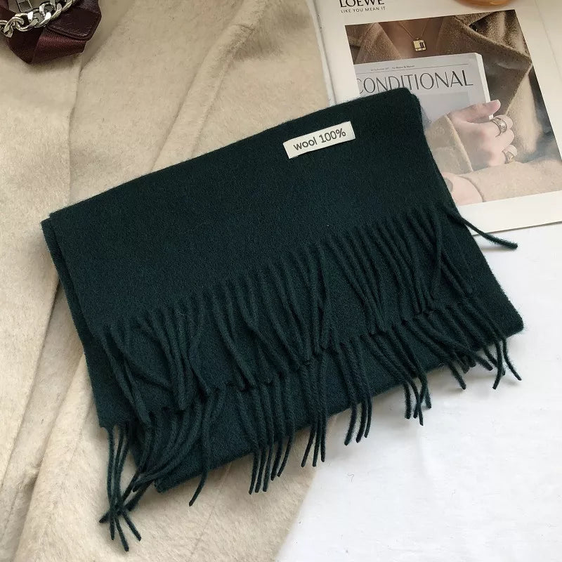 Pure Wool Cozy Tassel Knit Scarf in Army Green
