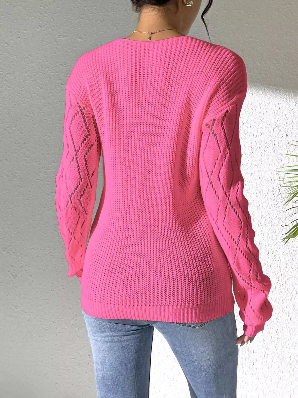 Floral Applique V-Neck Openwork Sweater
