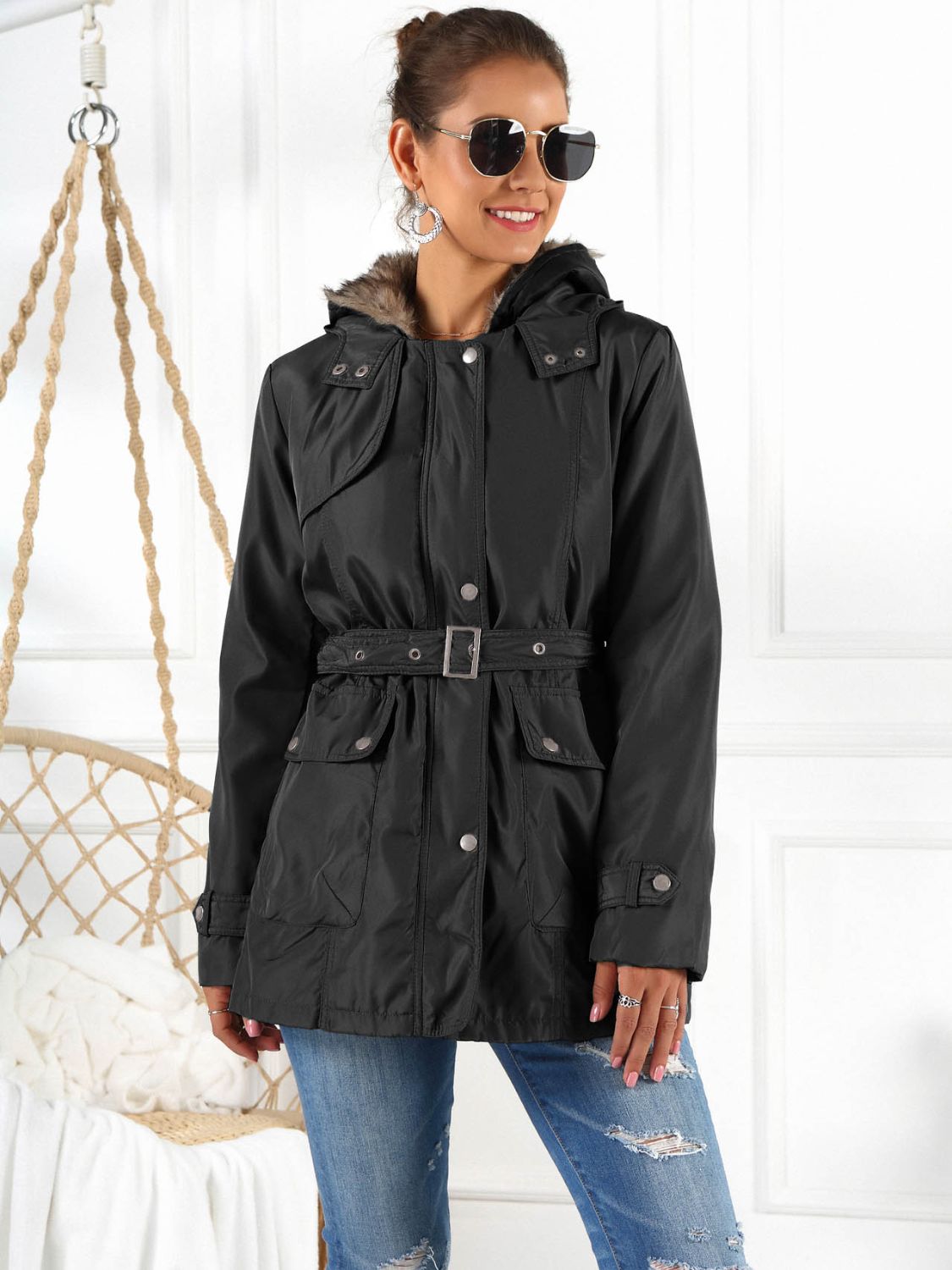 Ivy Lane Full Size Hooded Jacket with Detachable Liner (Three-Way Wear) in Black