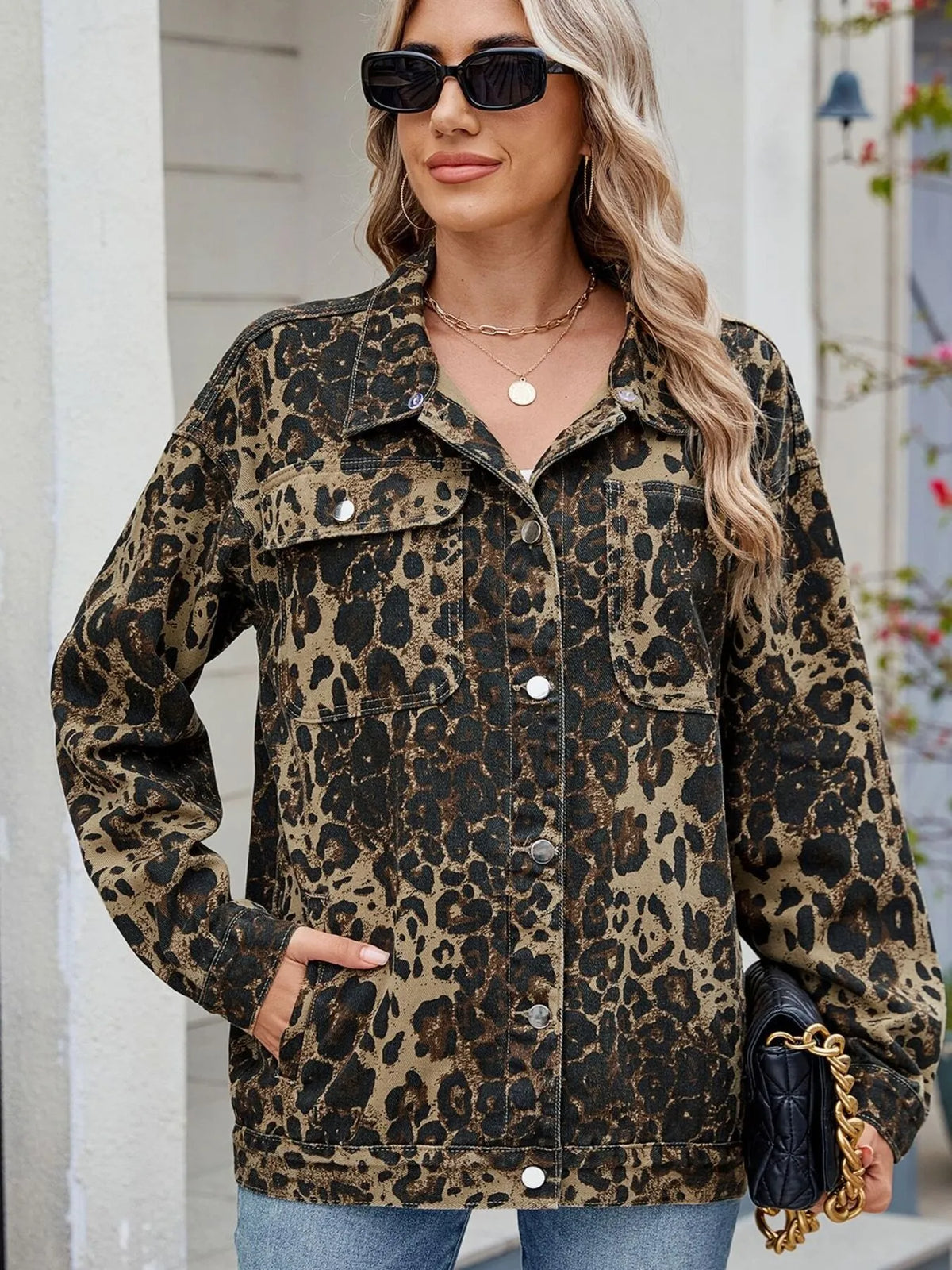 Leopard Print Oversized Denim Jacket, view 5
