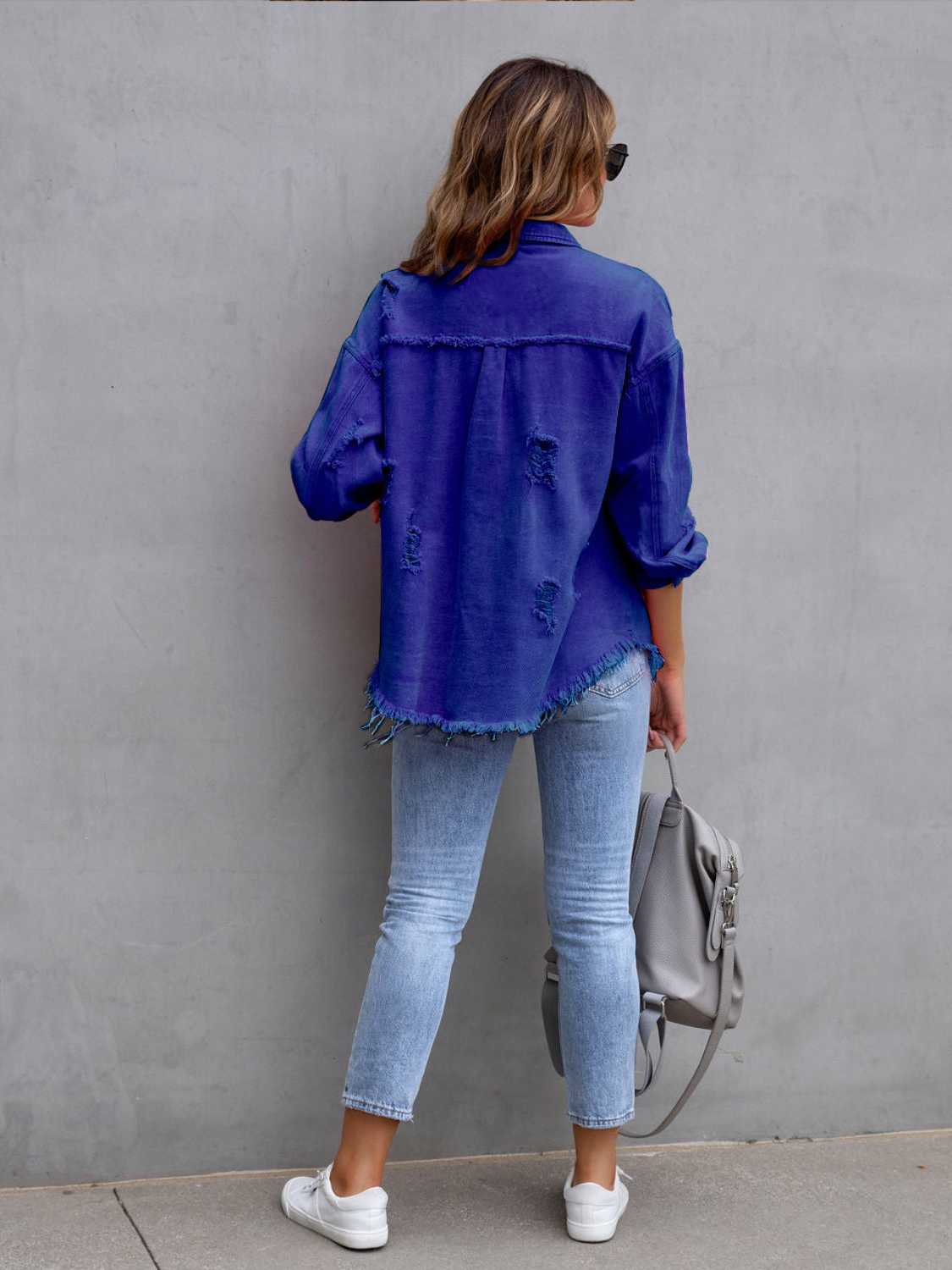 Distressed Drop Shoulder Denim Jacket - Lilixa.store