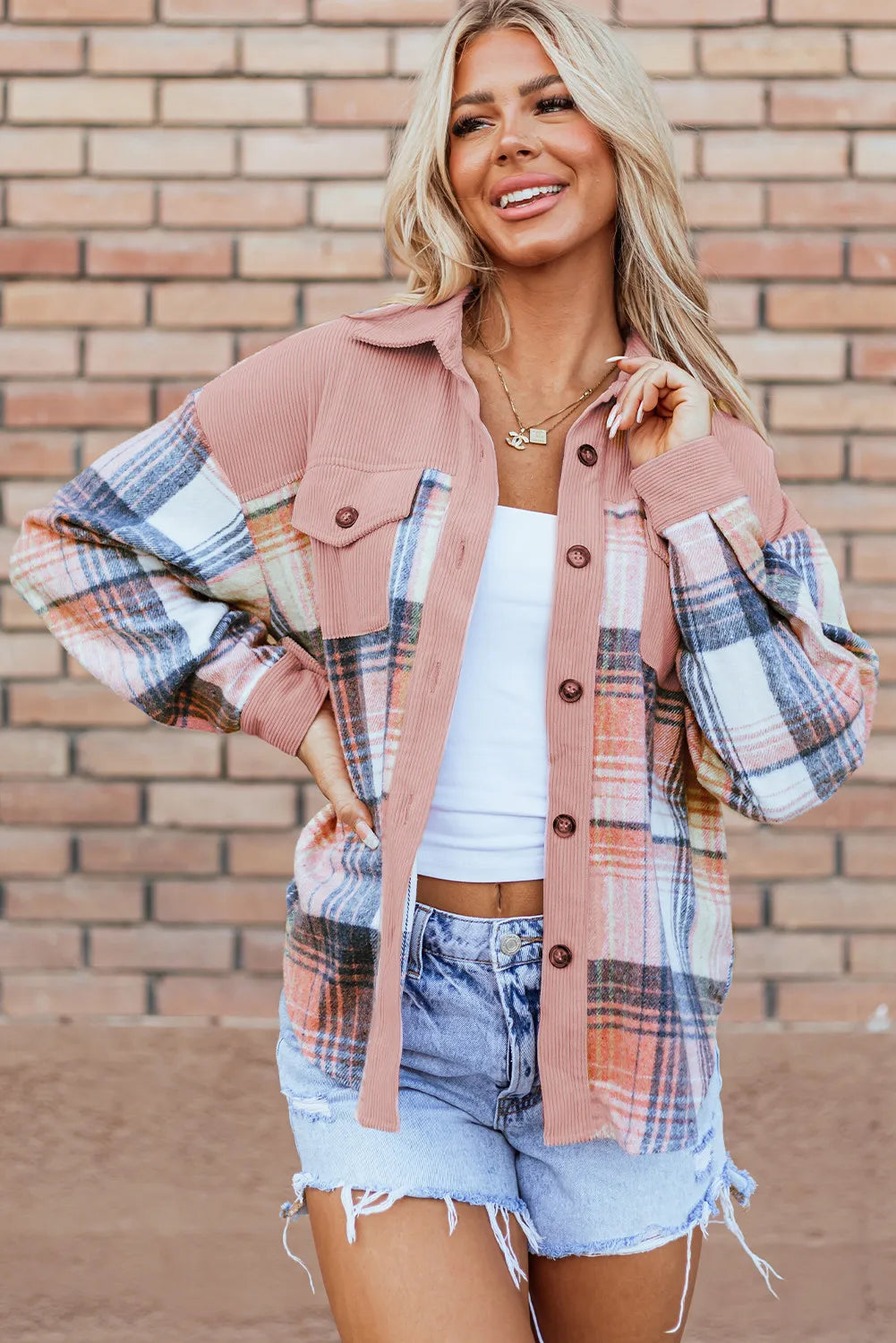 Plaid Button Up Long Sleeve Shacket in Pale Blush