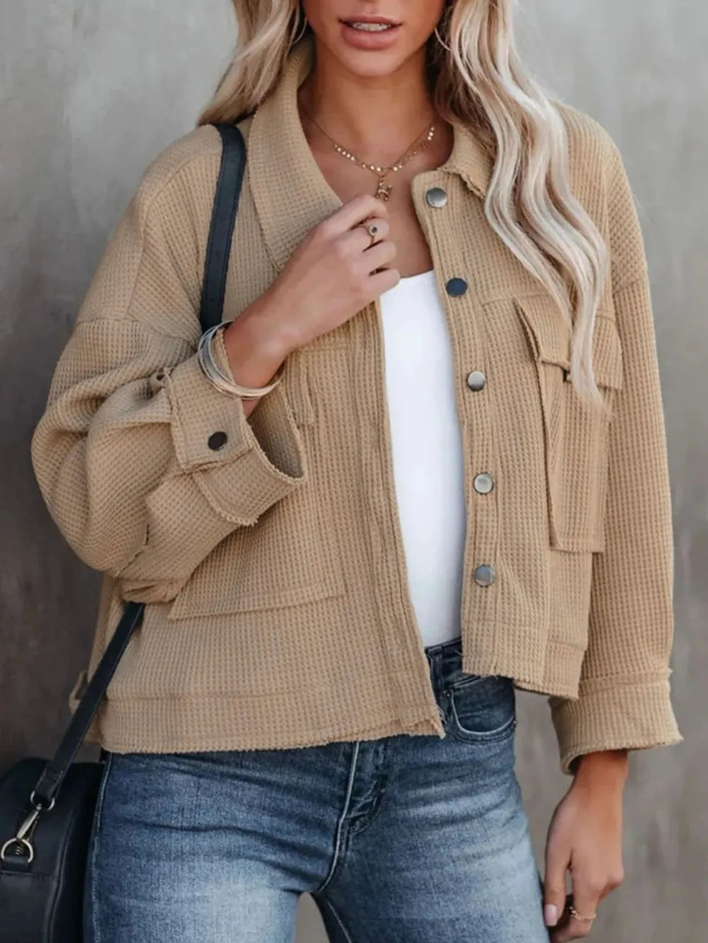 Button Up Long Sleeve Jacket in Camel