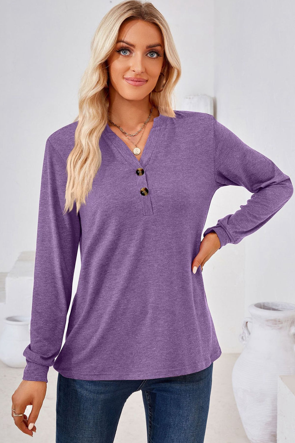 V-Neck Buttoned Long Sleeve Blouse, view 2