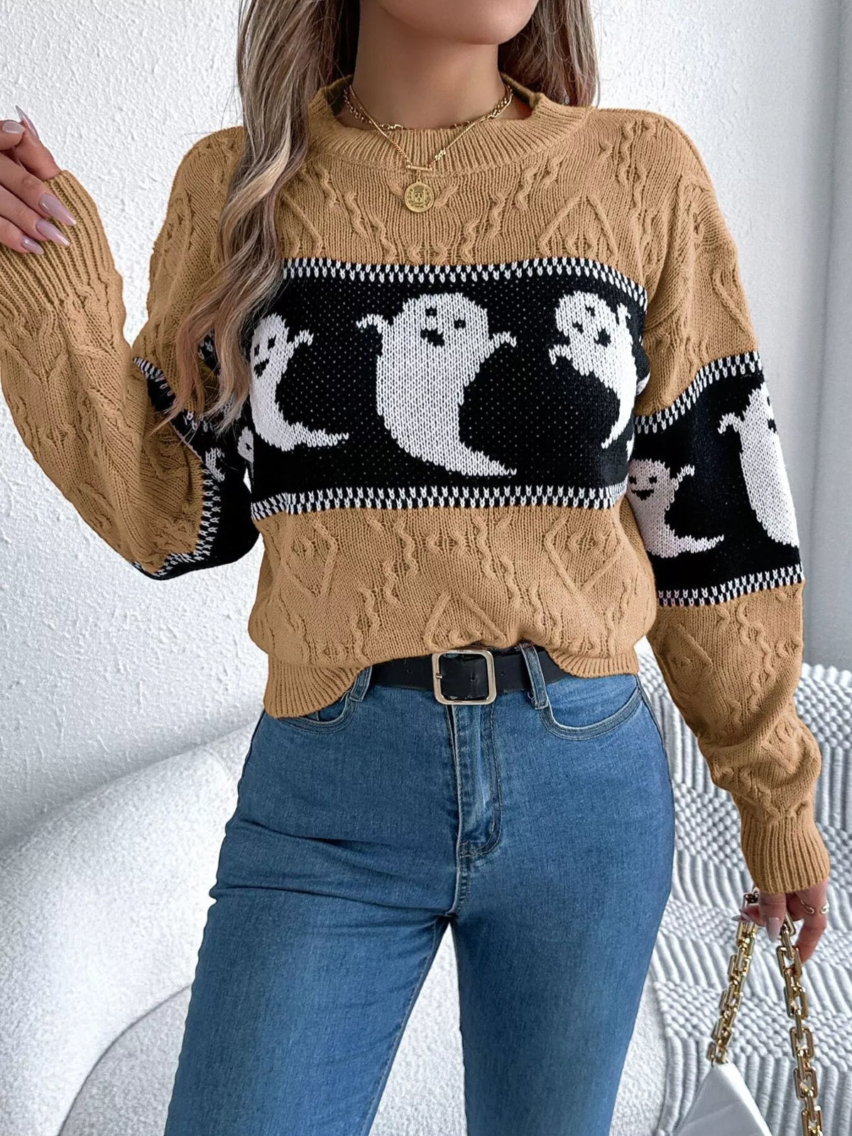 Halloween Ghost Pattern Textured Sweater