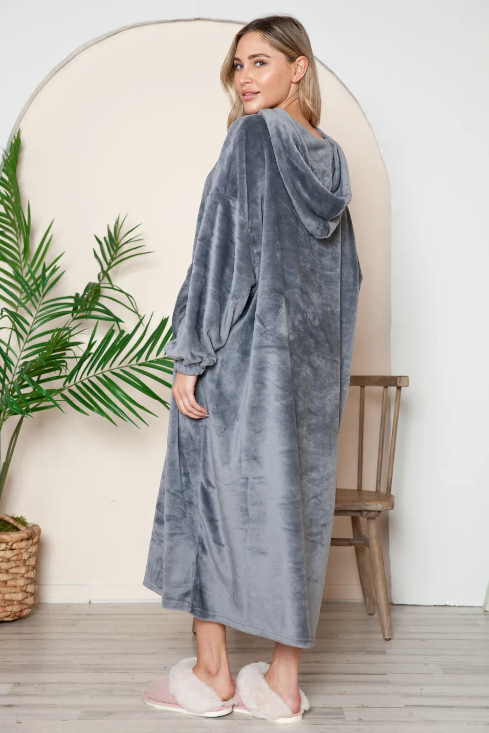 Double Take Full Size Pocketed Hooded Midi Lounge Dress - Lilixa.store