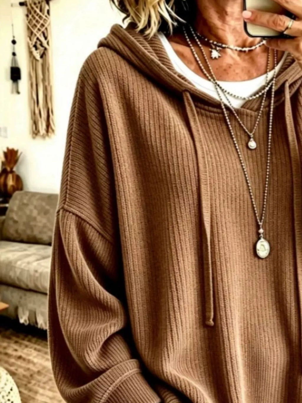 Drawstring Ribbed Knit Hoodie - Lilixa.store