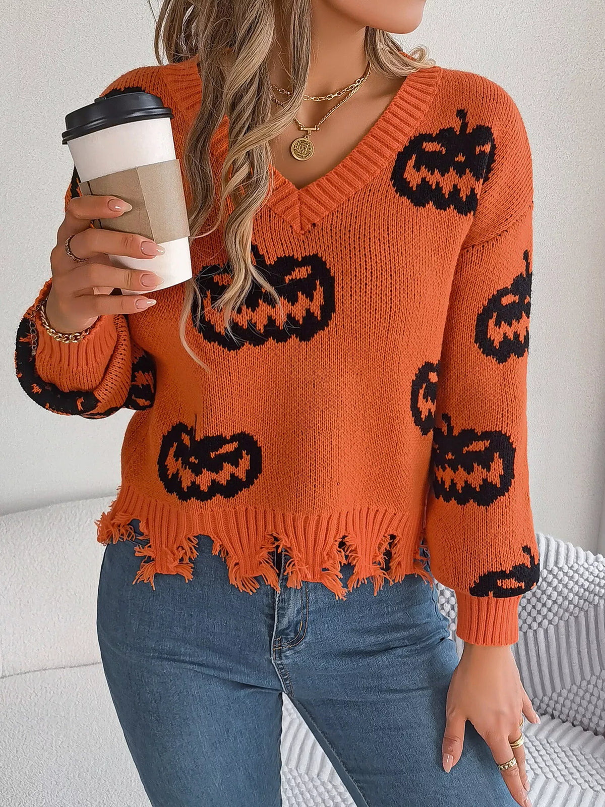 Pumpkin Distressed Hem Sweater