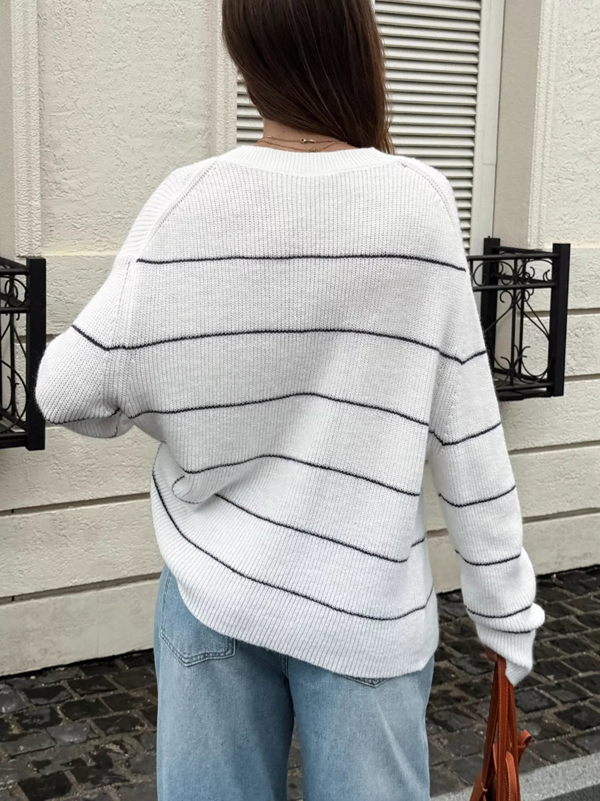 Striped Crew Neck Dropped Shoulder Sweater - Lilixa.store
