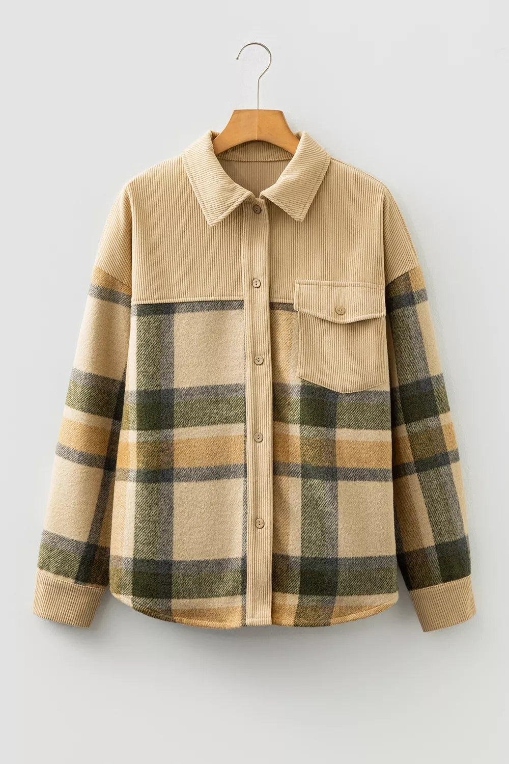 Retro Plaid Corduroy Patchwork Shacket in Tan, view 3