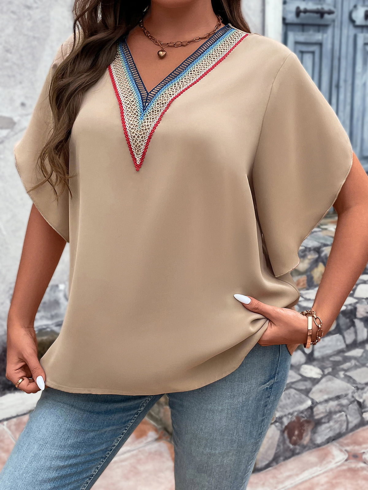Honey Plus Size V-Neck Flutter Sleeve Blouse in Tan, view 3