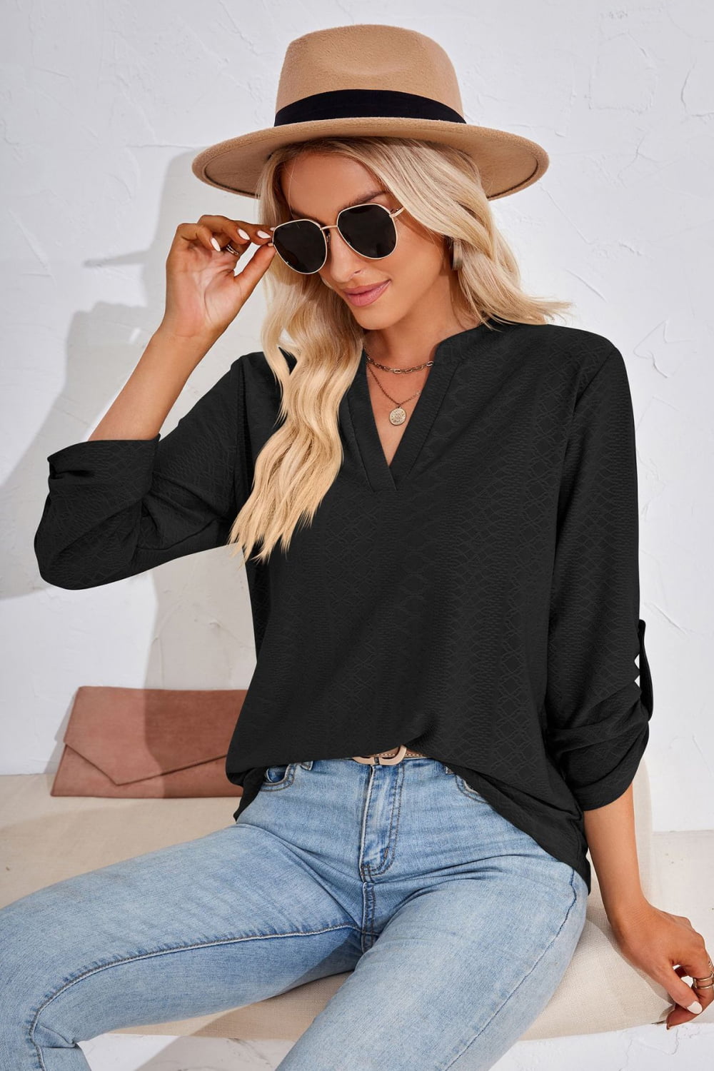 V-Neck Roll-Tap Sleeve Blouse, view 4