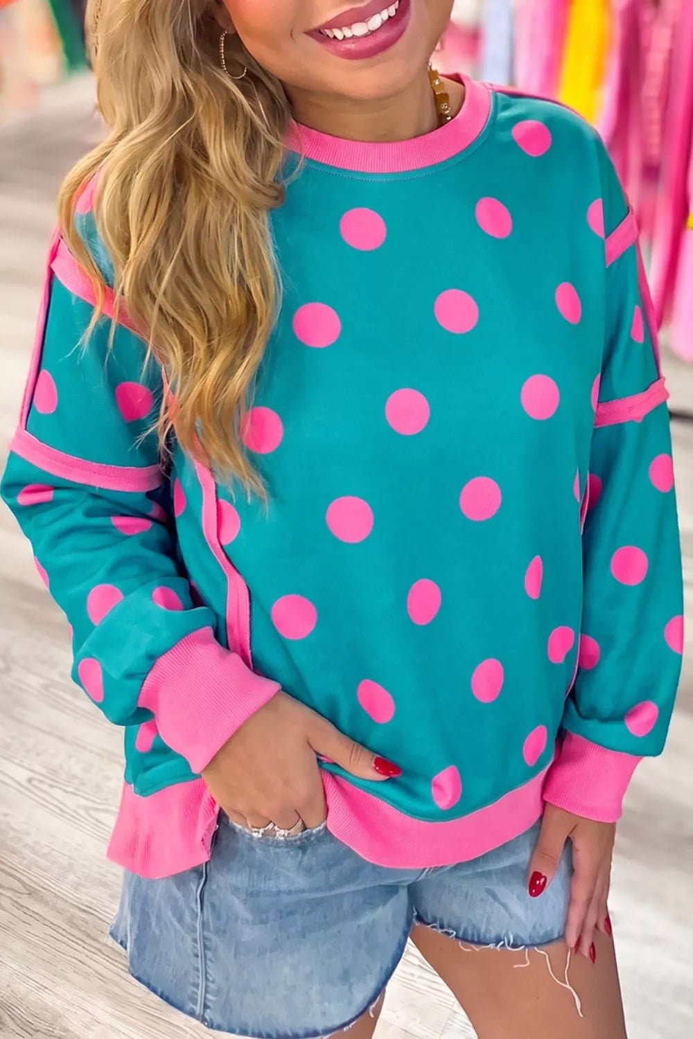 Polka Dot Contrast Patchwork Round Neck Baggy Sweatshirt in Sky Blue, view 6