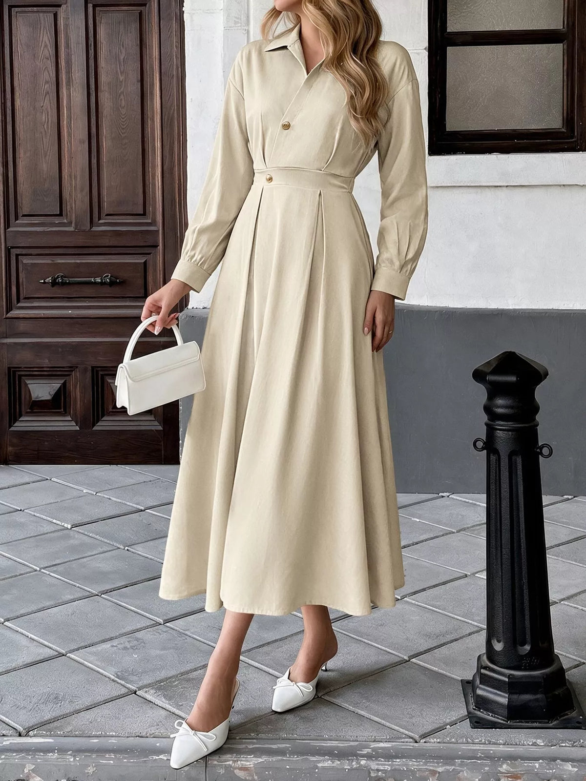 Pleated Button Detail Long Sleeve Shirt Dress - Lilixa.store