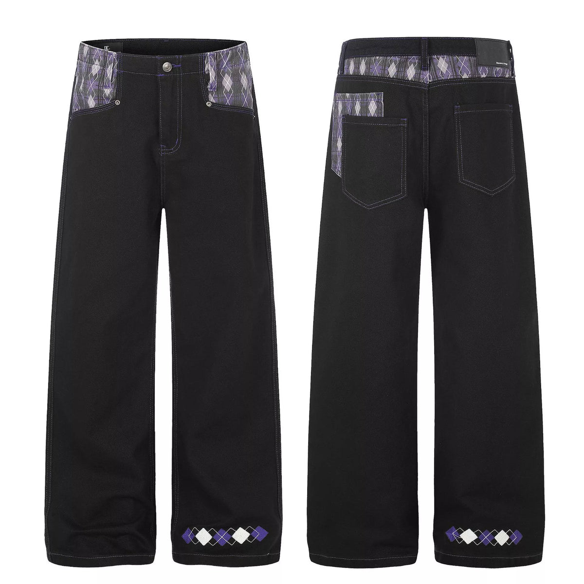 Men's High-Waisted Wide-Leg Jeans with Argyle Pattern Accents in Black, view 4