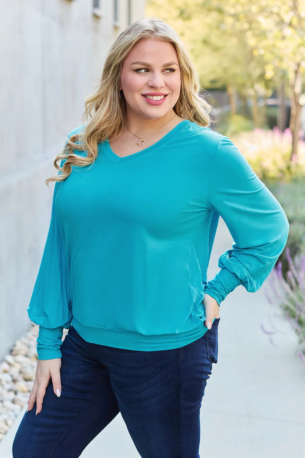Basic Bae Full Size V-Neck Lantern Sleeve Top - Lilixa.store