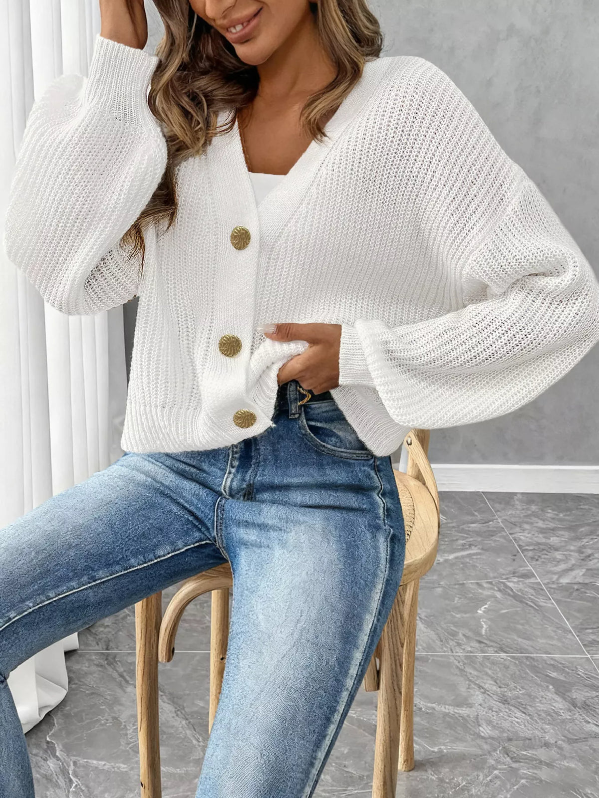 Elegant V-Neck Button-Down Ribbed Knit Cardigan, view 4