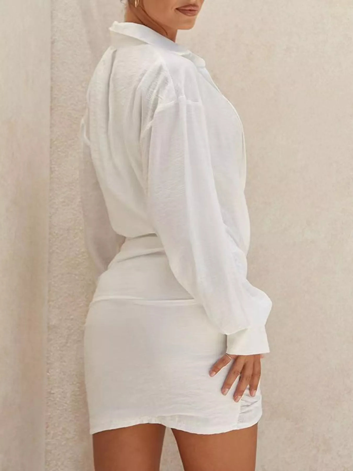 Deep V-Neck Ruched Asymmetrical Mini Dress in White, view 5