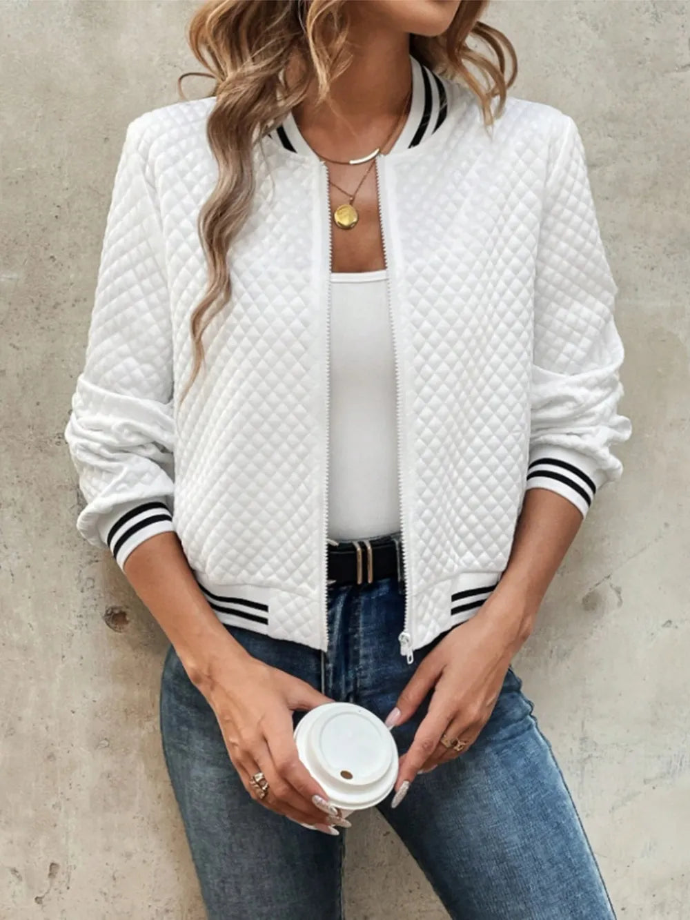 Zip Up Long Sleeve Jacket in White