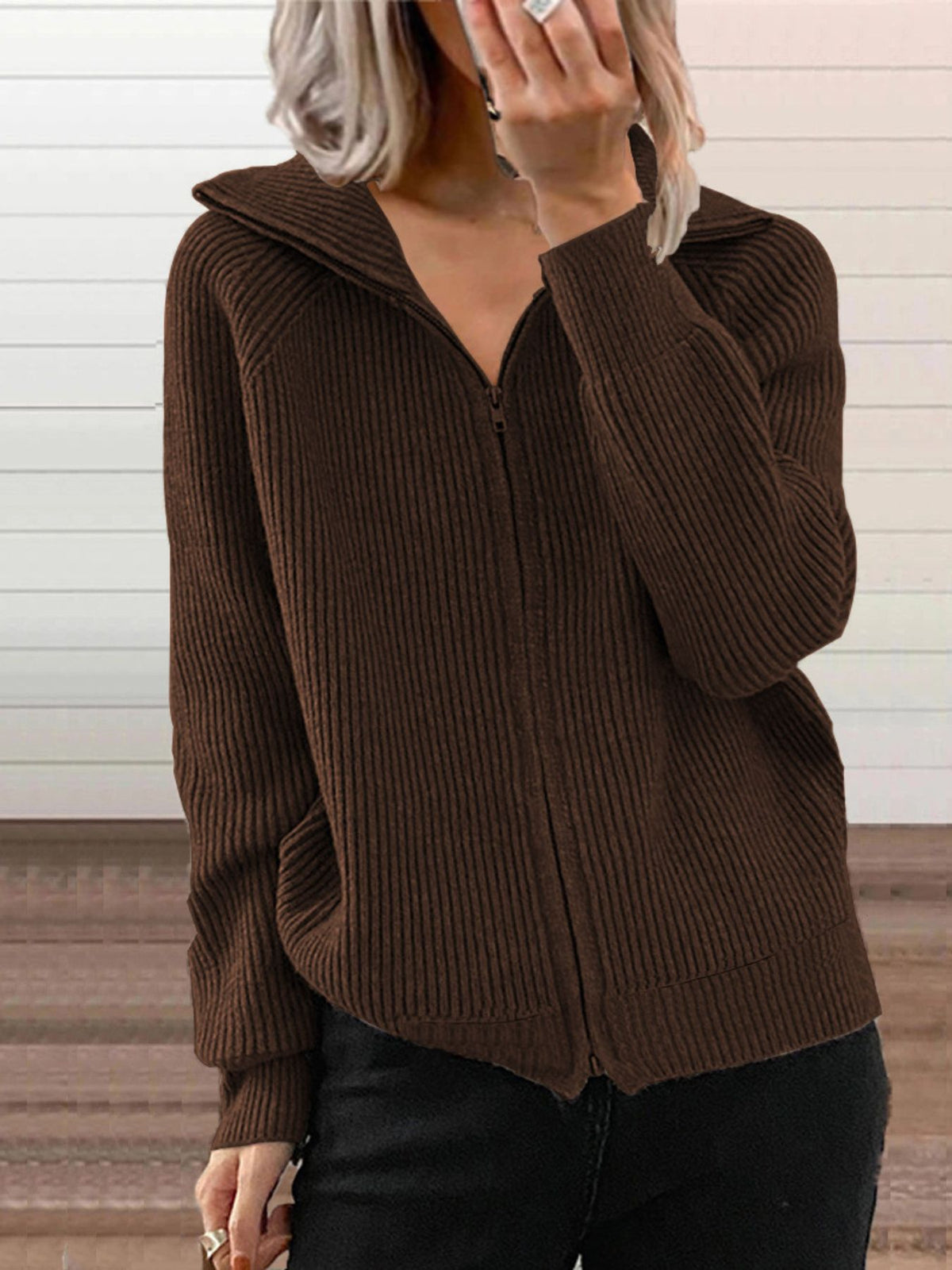Full Size Ribbed Knit Zip-Up Outerwear Plus Size in Brown