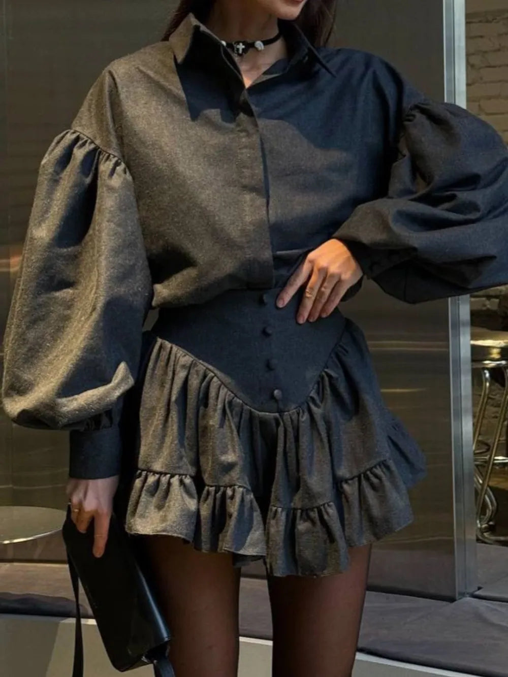 Lantern Sleeve Shirt and Ruffled Skirt Set - Lilixa.store