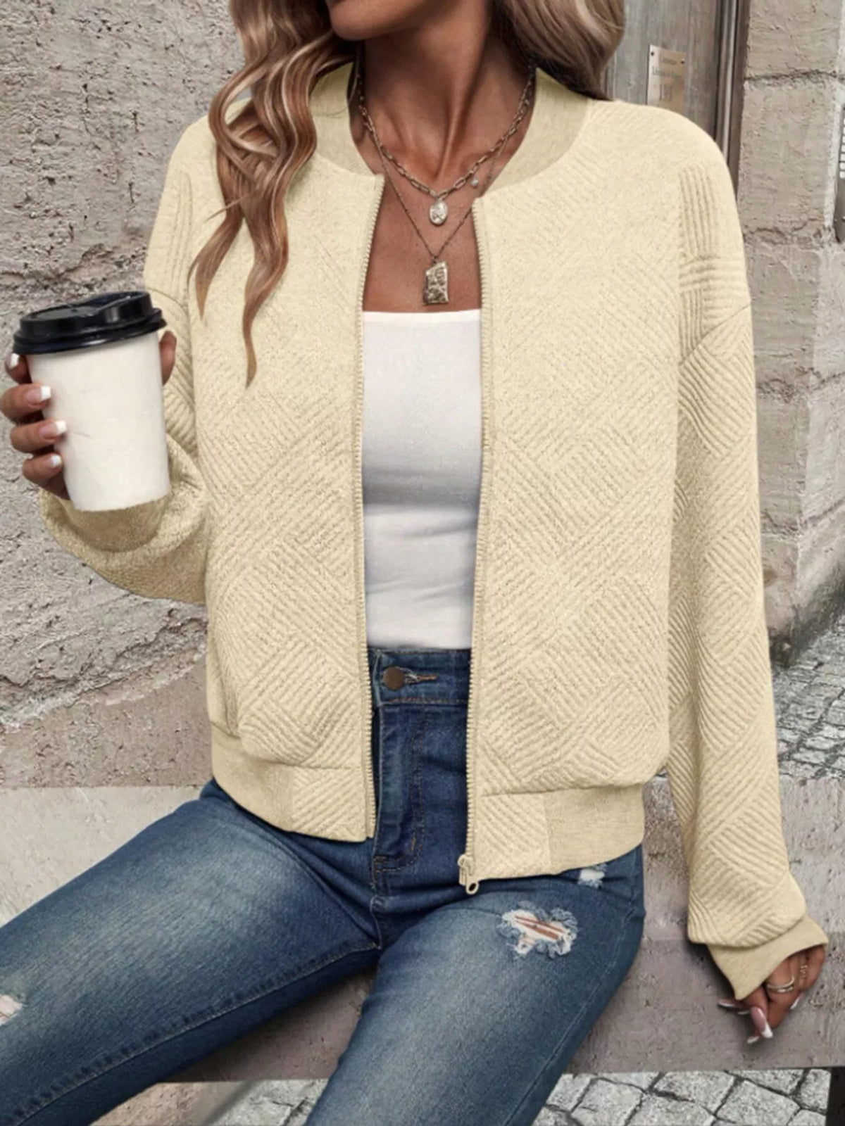 Textured Knit Zip-Up Bomber Jacket, view 5