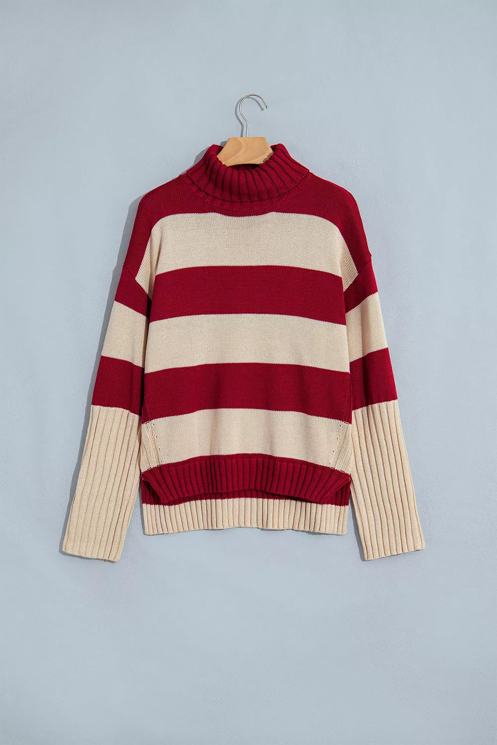 Stripe Ribbed Trim High Neck Relaxed Pullover Sweater