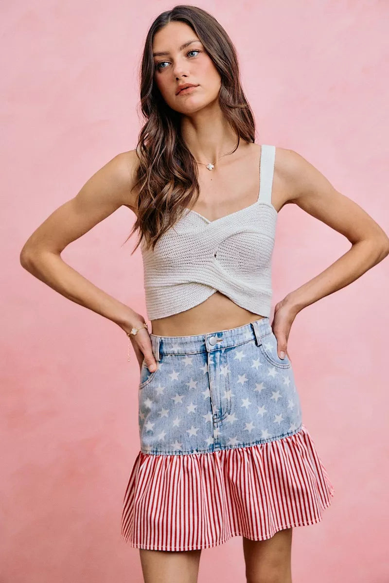 SO ME Stars And Stripes Fit And Flare Denim Mini Skirt - Lilixa.store