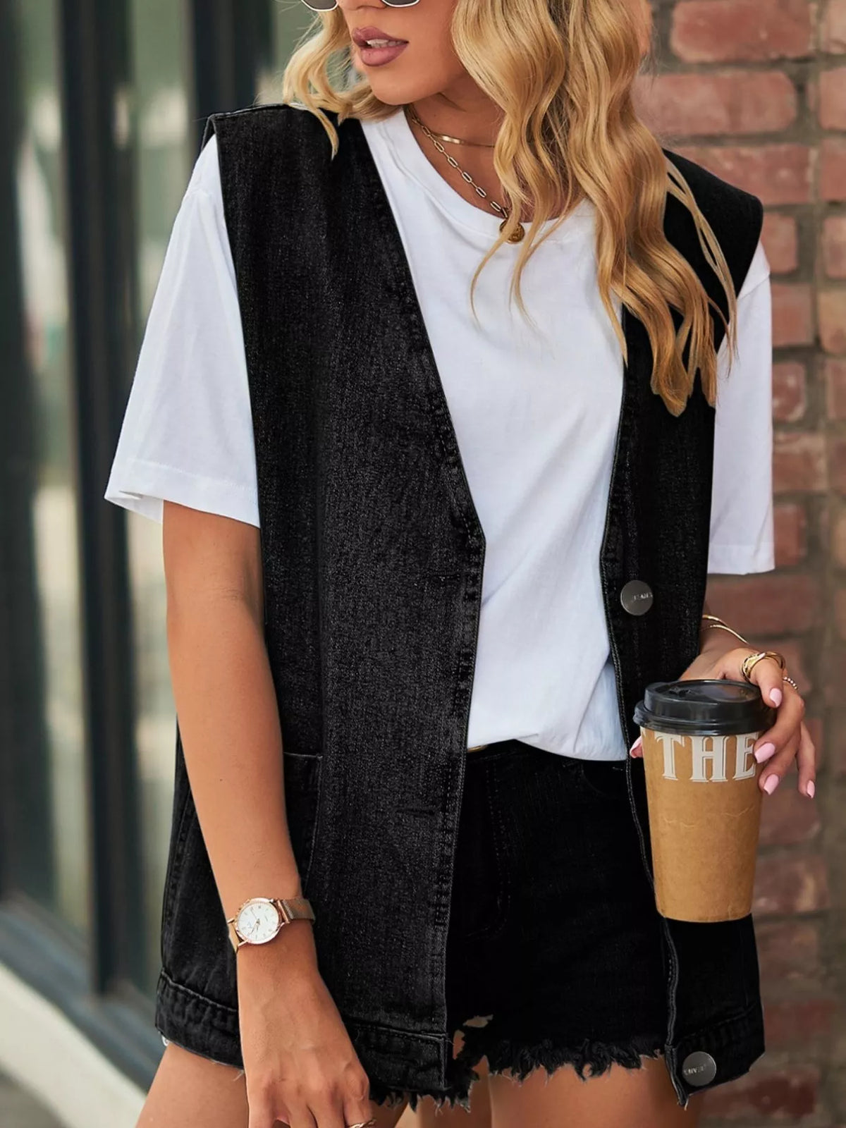 Sleeveless Button-Down Denim Jacket Vest, view 6