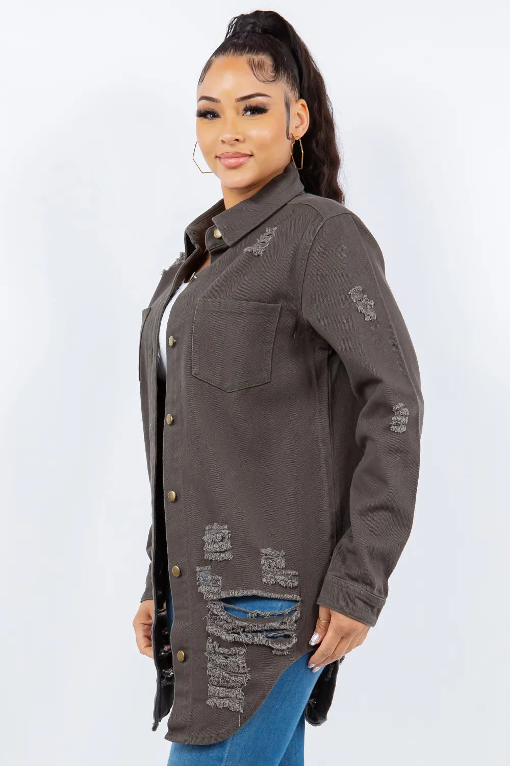 American Bazi Distressed Button Up Long Sleeve Denim Jacket - Lilixa.store