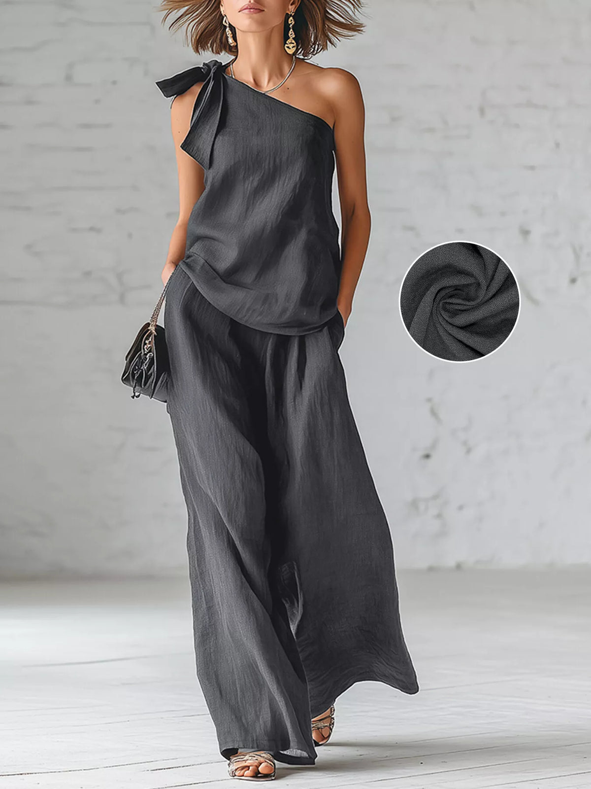 One-Shoulder Bow Tie Top and Wide-Leg Pants Casual Two-Piece Set