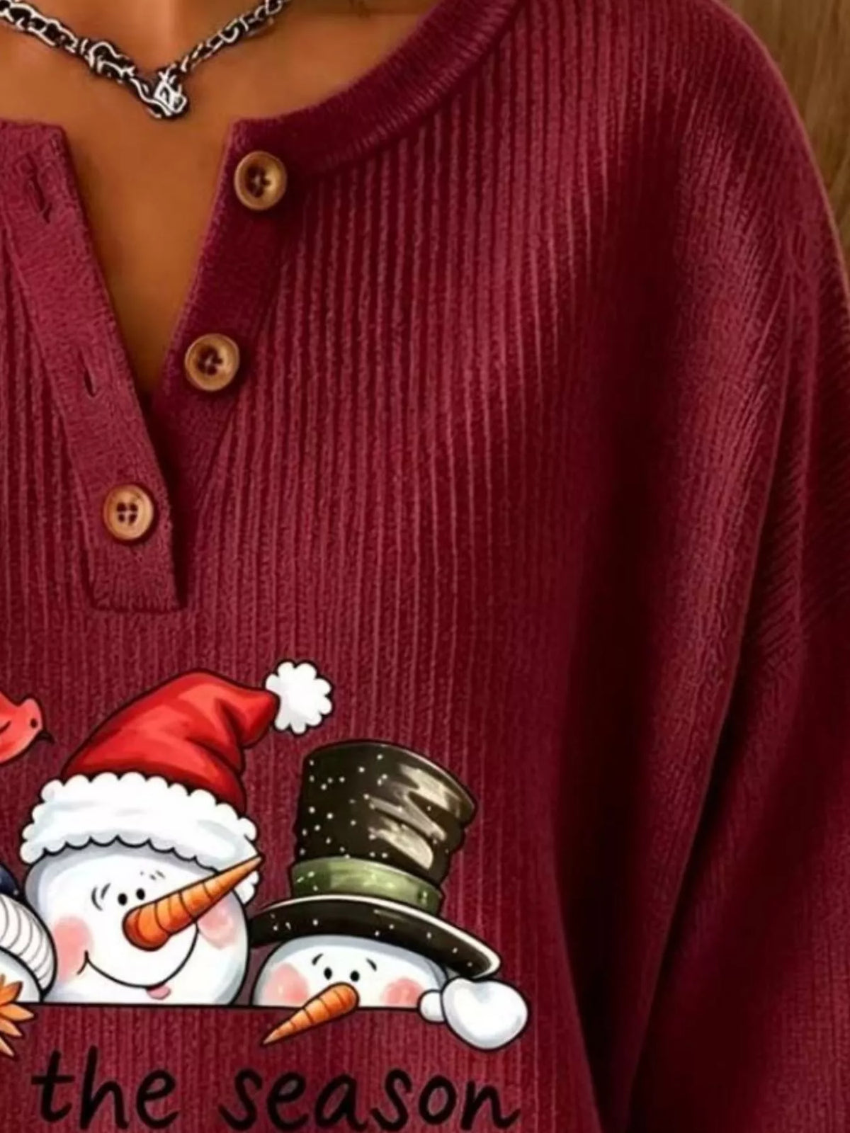 Full Size Christmas Themed Snowman Graphic Ribbed Henley Sweatshirt Plus Size, view 4