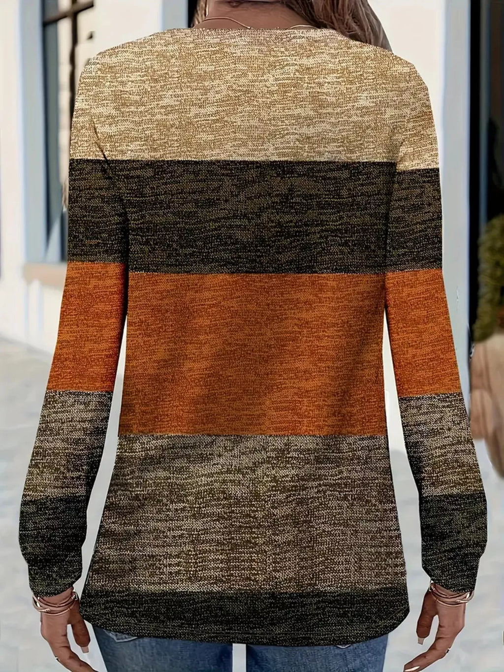 V-Neck Color Block Long Sleeve Casual T-Shirt - Lilixa.store