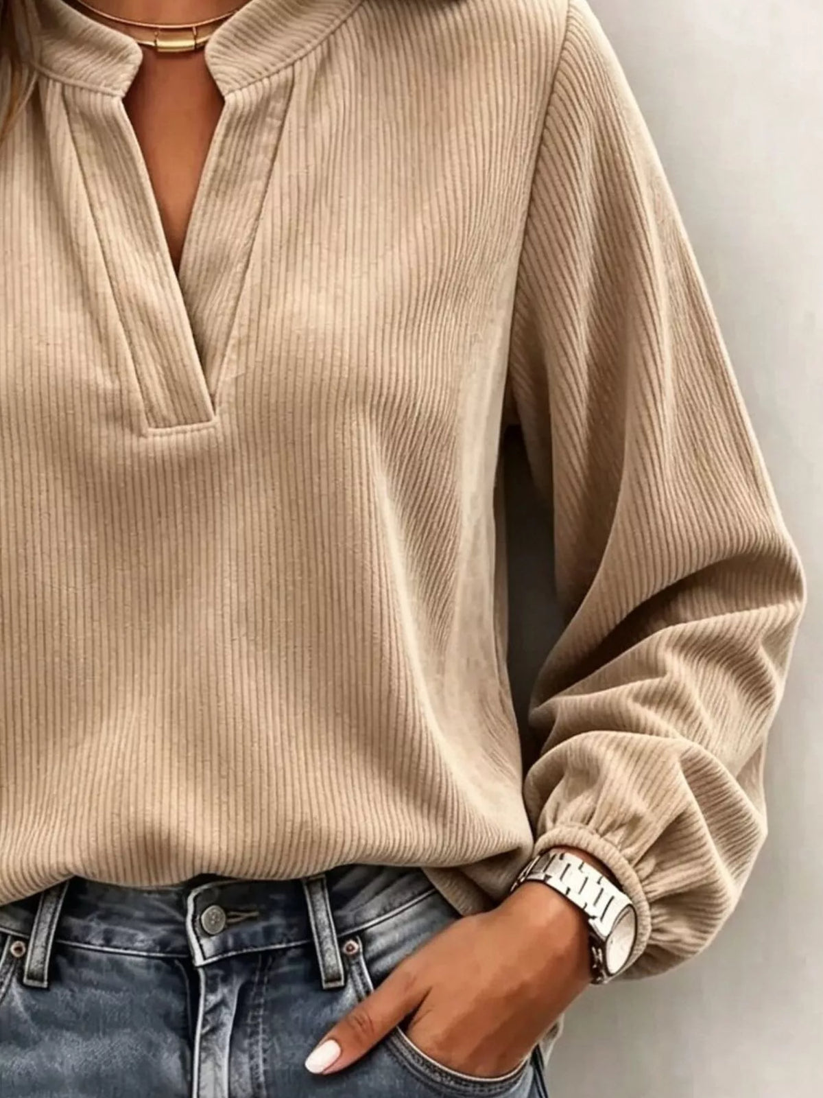 Full Size Corduroy Notched Long Sleeve Top Plus Size
