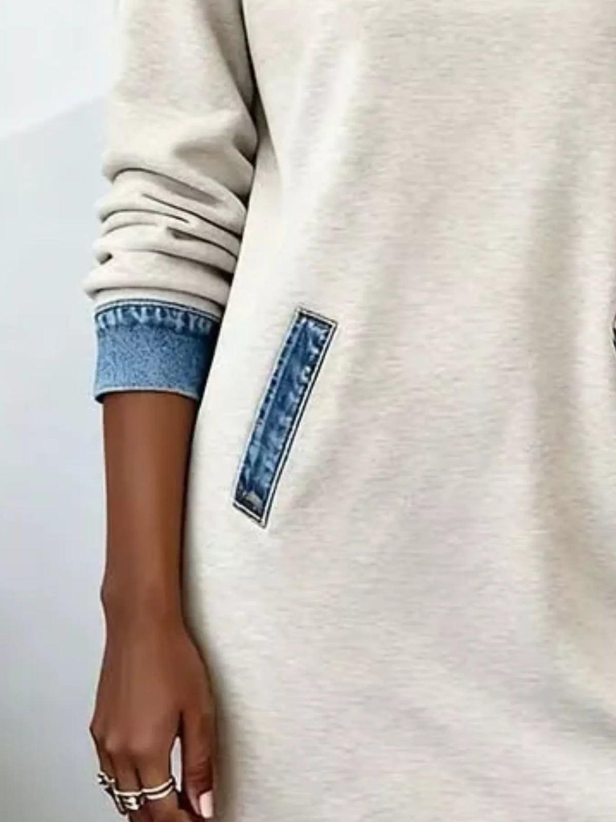 Full Size Denim Patchwork Hooded Sweatshirt Dress Plus Size - Lilixa.store