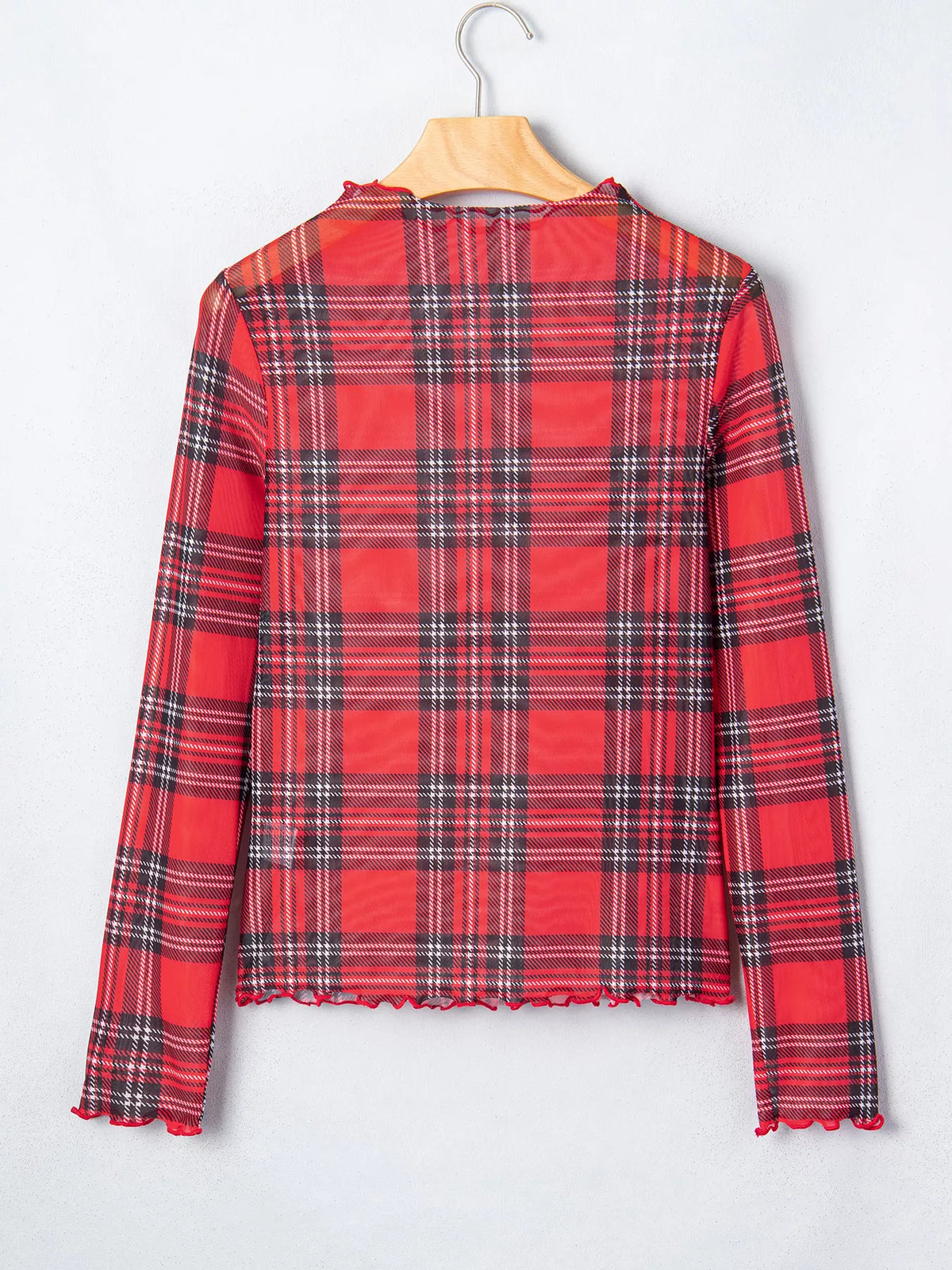 Sheer Plaid Mock Neck Long Sleeve Blouse in Deep Rose, view 6