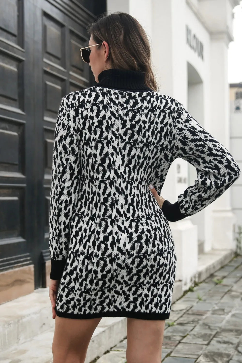 Heathered Turtleneck Mini Sweater Dress in Black, view 2