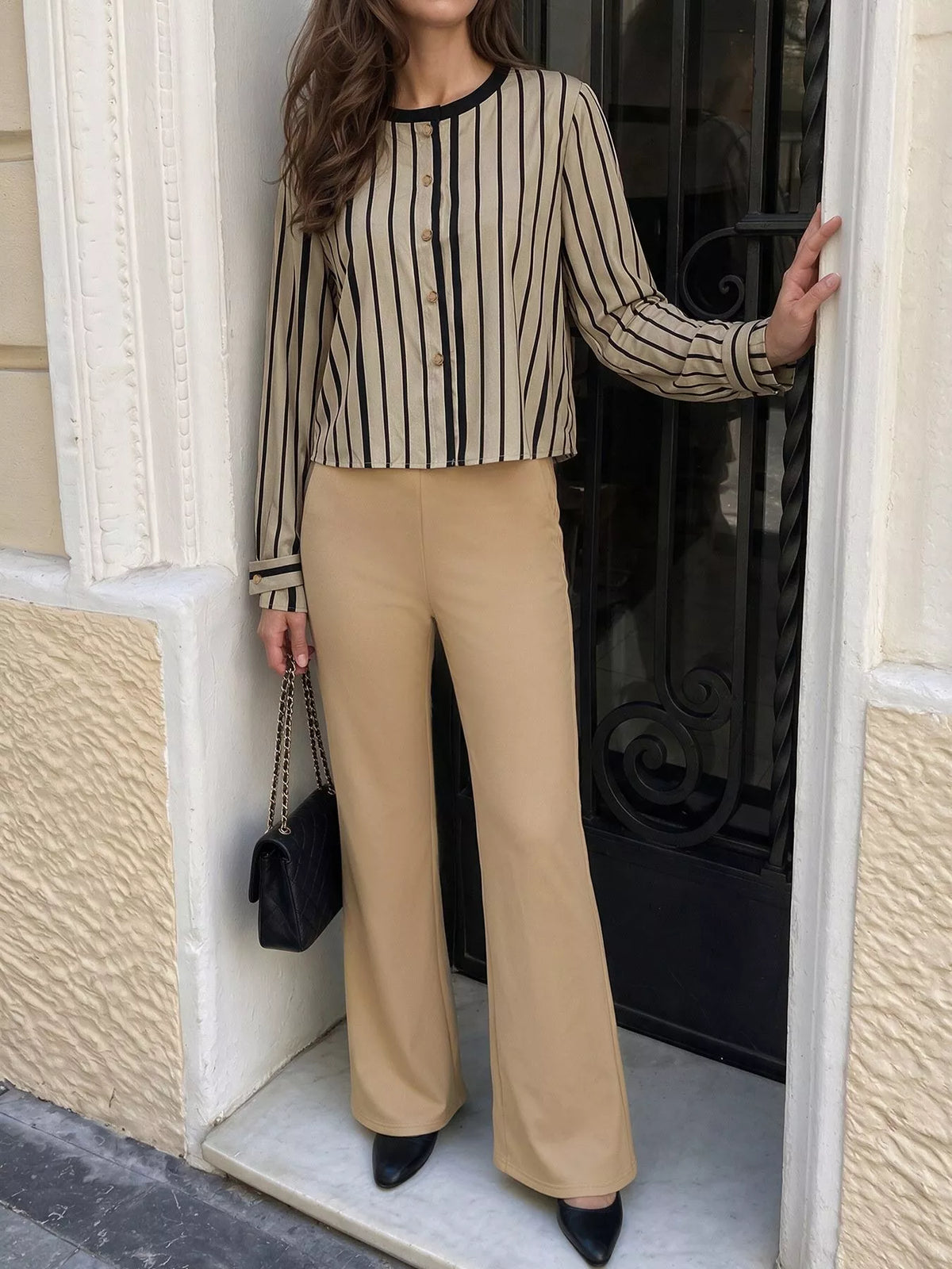 Striped Button-Down Shirt and High-Waisted Flare Pants Set in Khaki, view 5