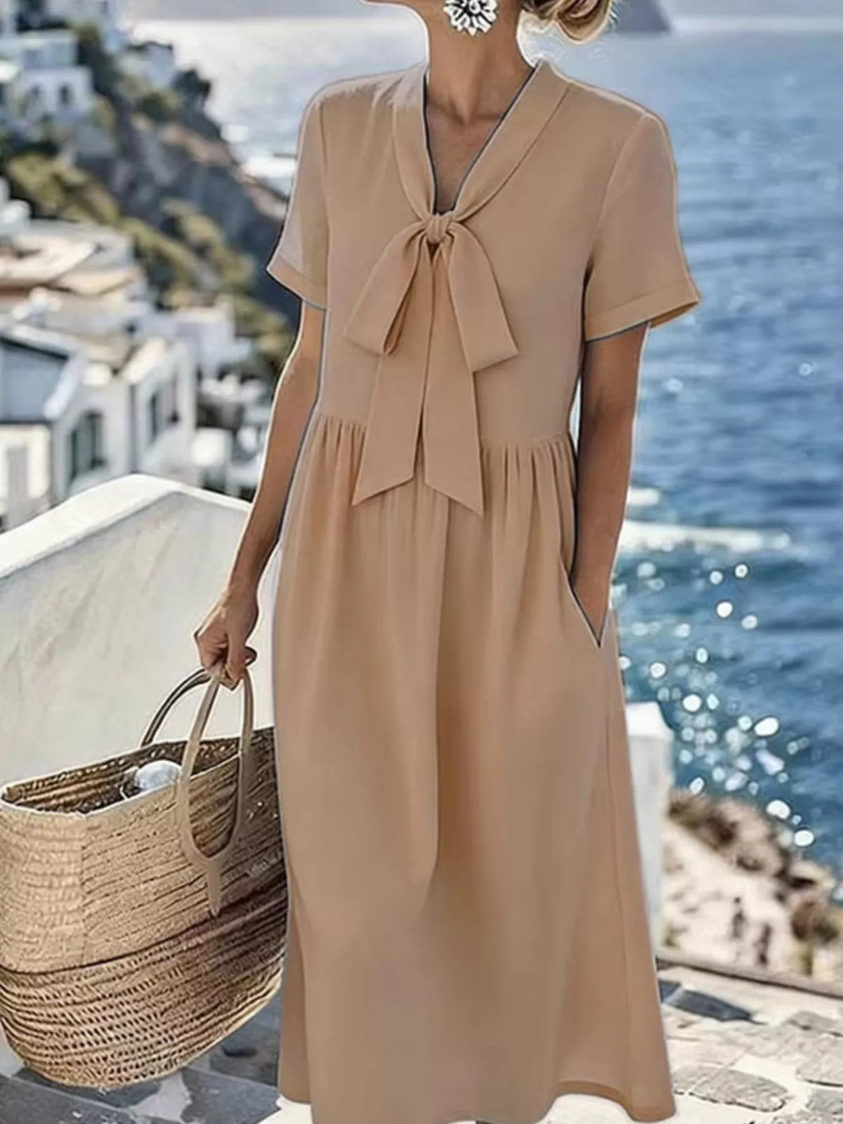 Bow-Tie Short Sleeve Midi Dress